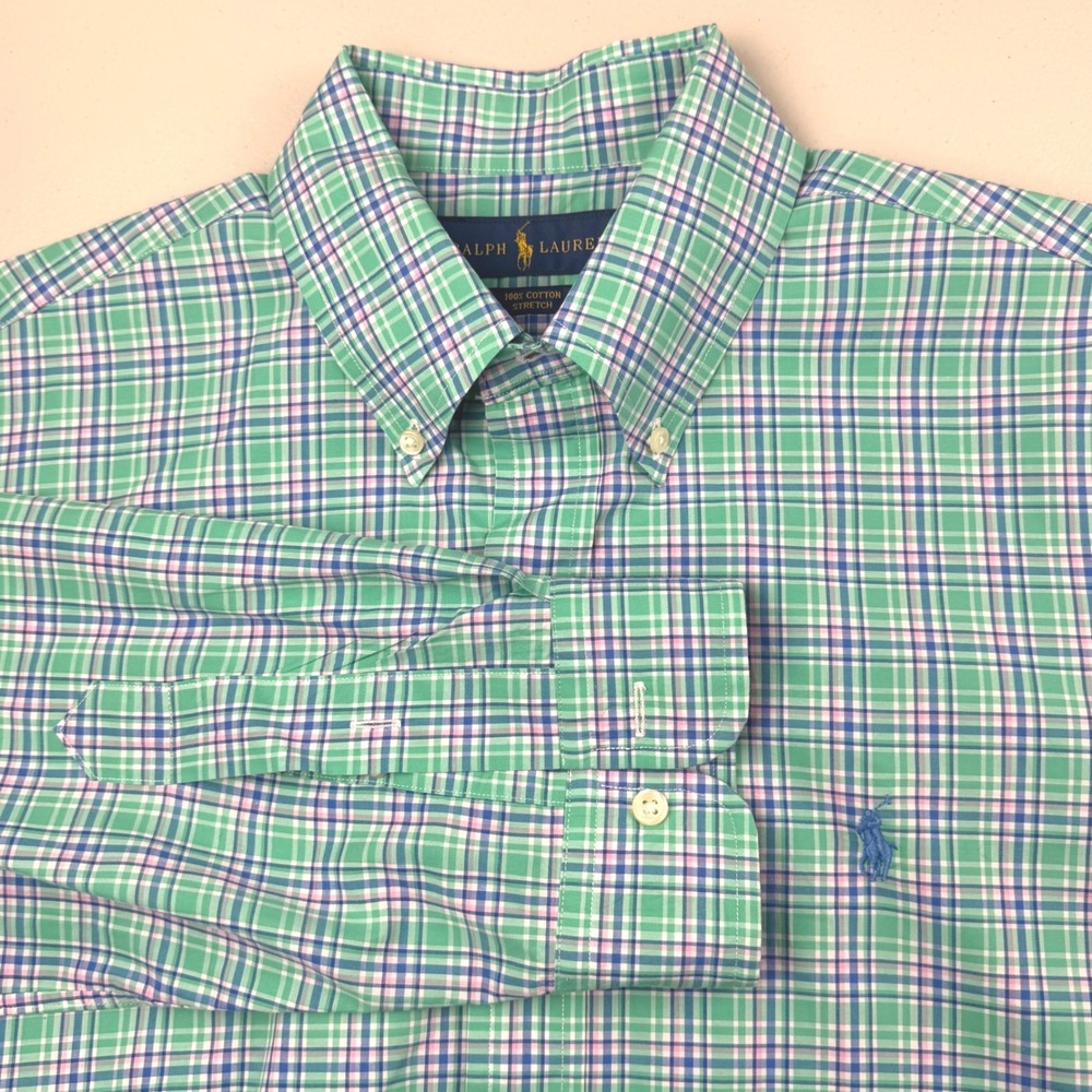 Ralph Lauren Mens Green Pink Plaid Button Down Shirt Medium Cotton Stretch